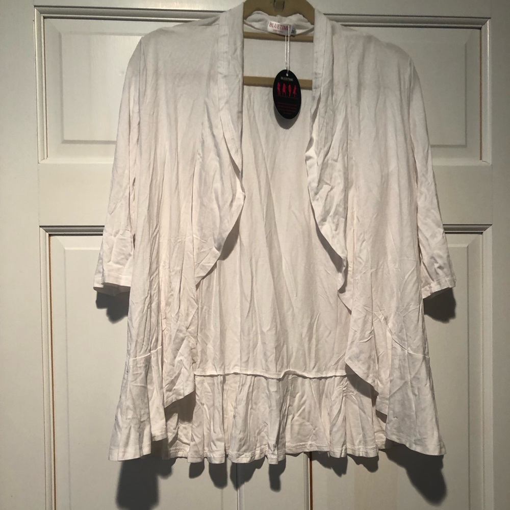 Bluetime Womens Casual Lightweight Open Front Cardigan Ruffles 3/4 White